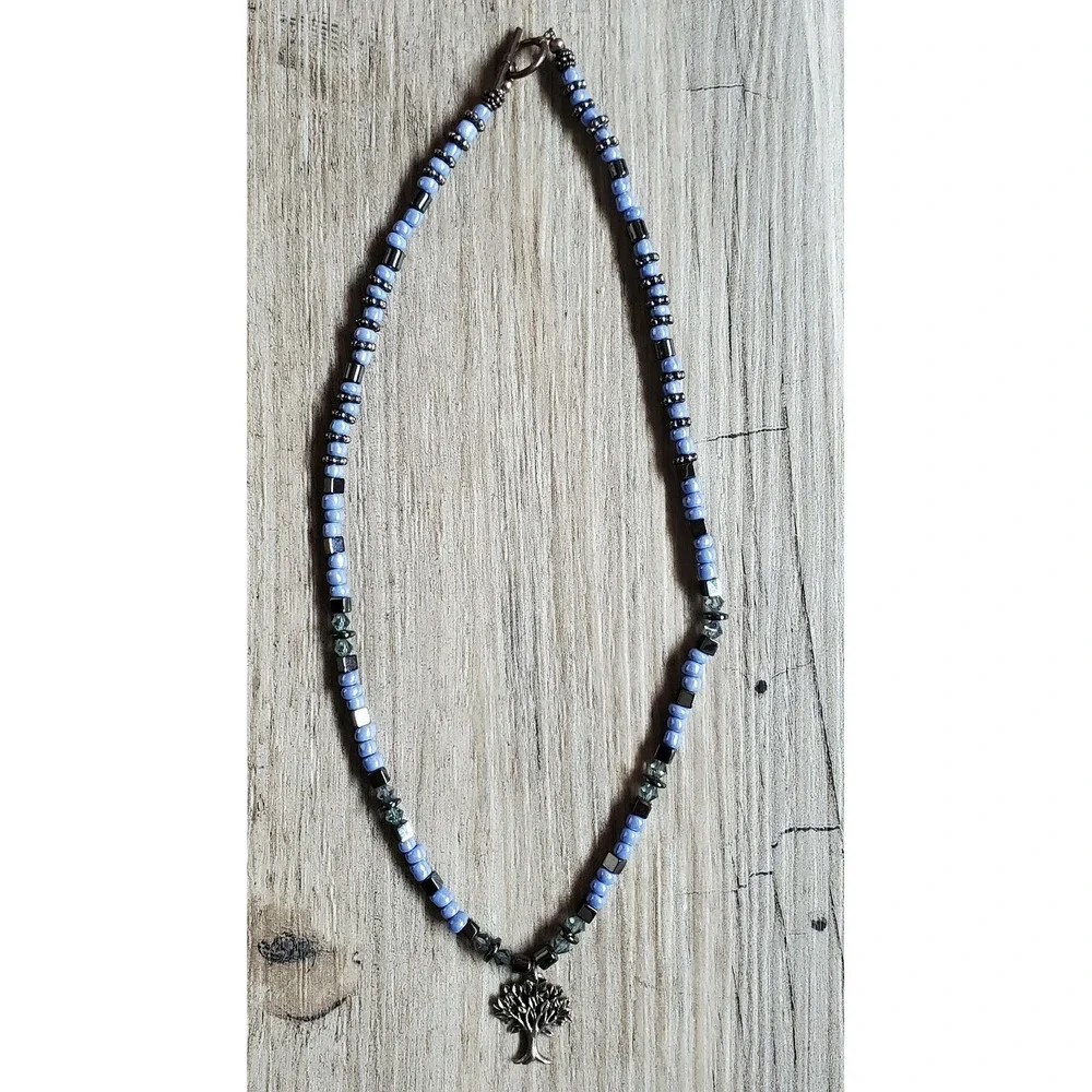 Black And Blue Beaded Tree of Life Silver Toned Pendant Necklace Unbranded